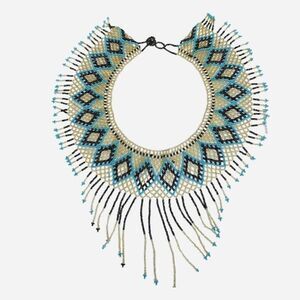 VTG Indigenous Yawanawa Gold Blue Beaded Collar Bib Fringe Necklace 17" Bohemian